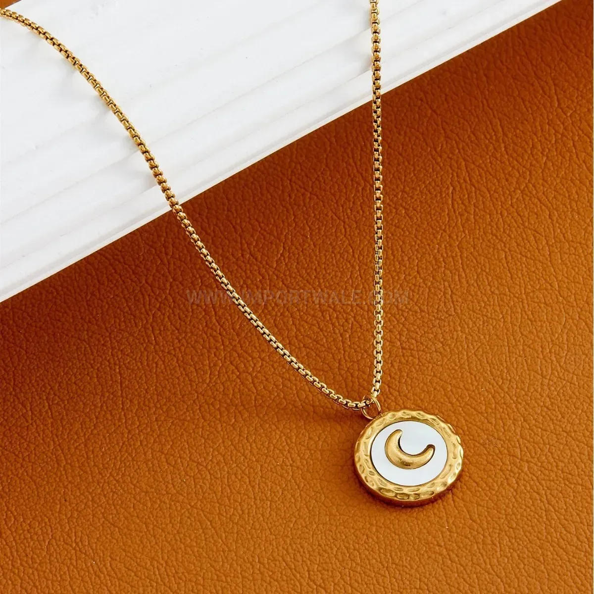 Trendy Gold Titanium Steel White Shell Moon Pendant Snake Chain Necklace