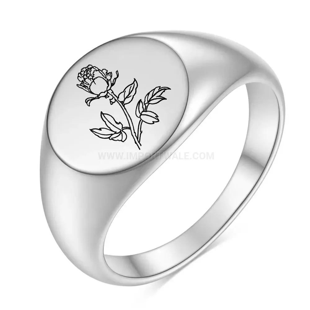 Modern Laser Engraved Rose Motif Polished Stainless Steel Ring