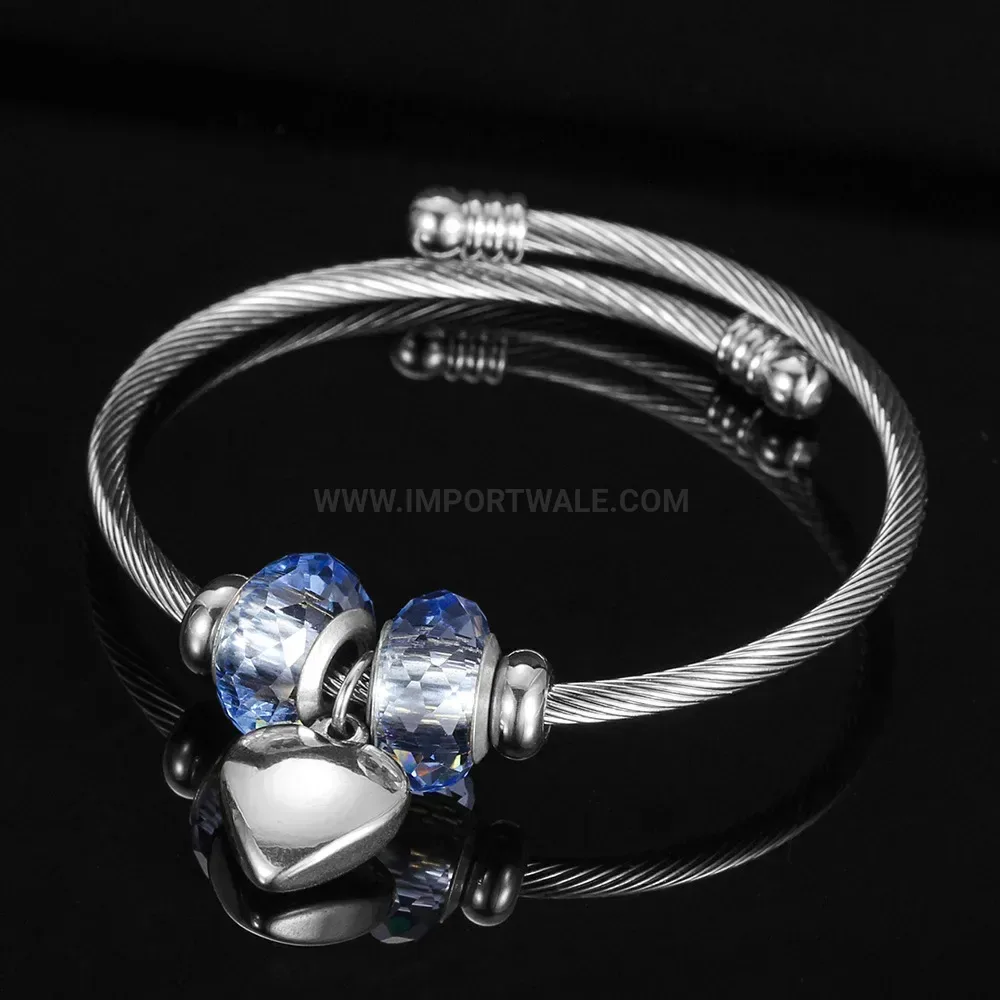 Bold Adjustable Stainless Steel Glass Bead Bangle With Heart Pendant