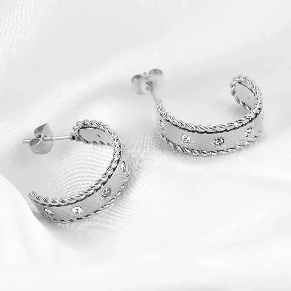 Classic Twisted Wide C Shaped Zircon Stainless Steel Earrings