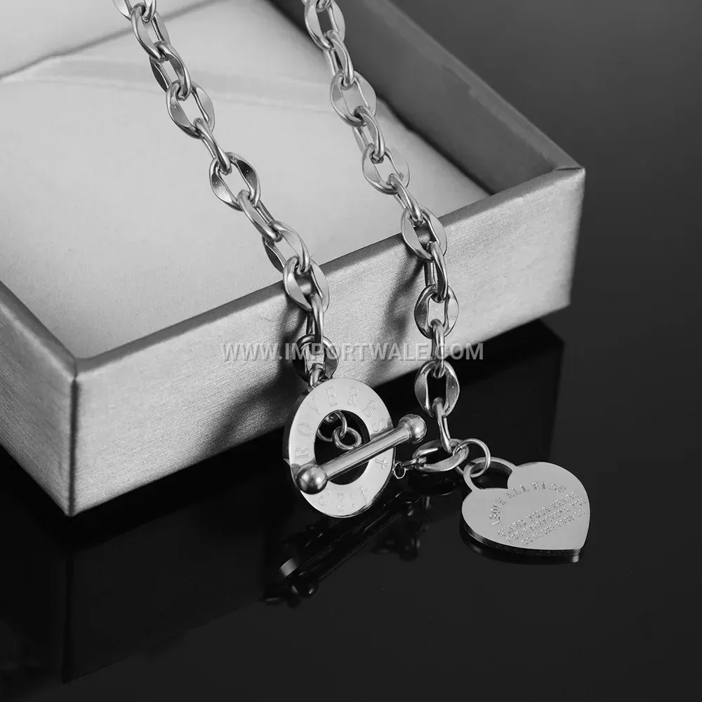 Hollow Heart Roman Numerals OT Clasp Stainless Steel Necklace