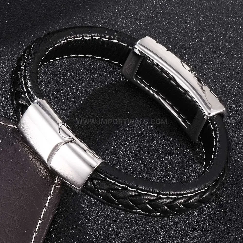 Woven Leather Band with Cast Stainless Steel Hardware for Men