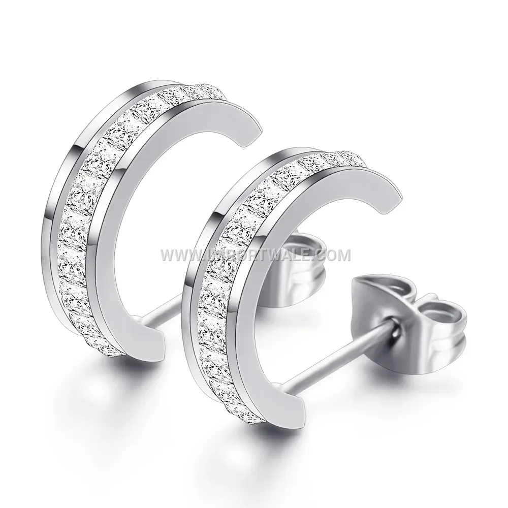 C-Shape Zirconia Accent Stainless Steel Stud Earrings