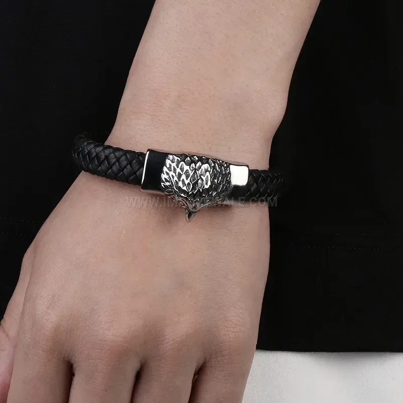 Classic Eagle Beak Stainless Steel Leather Men Wrap Bracelet