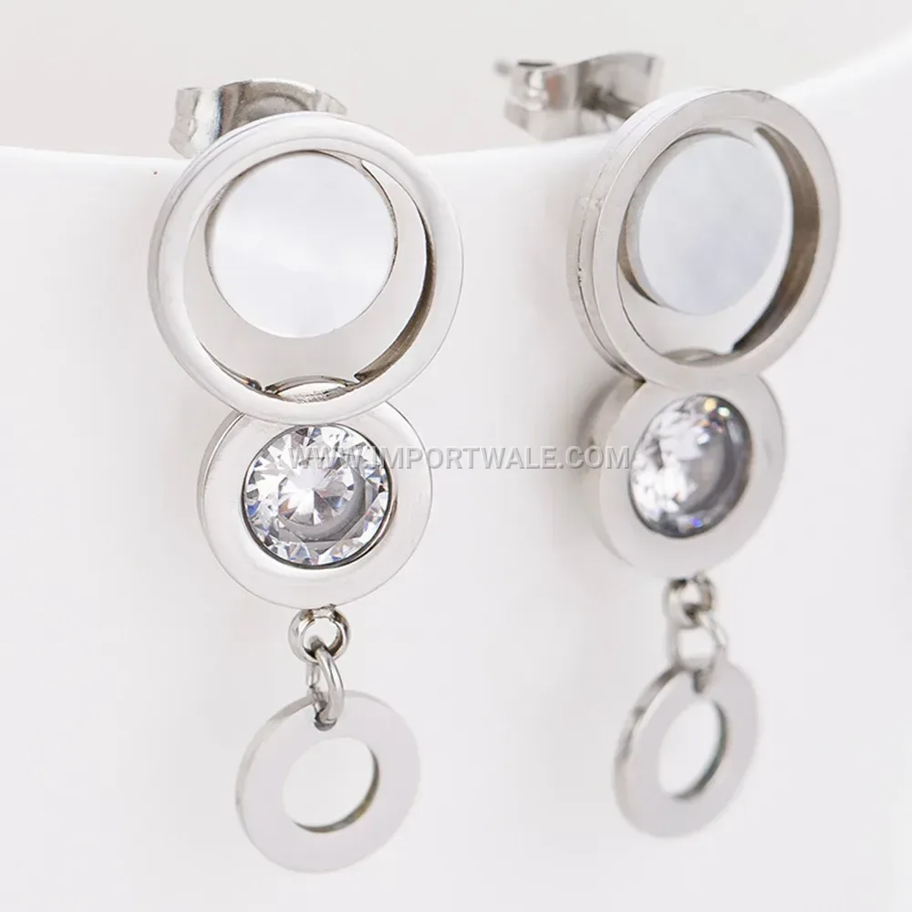 Stainless Steel Cutout Teardrop Earrings with Shell Accent and Rhinestones