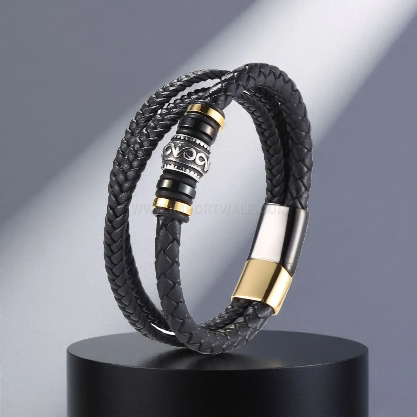 Multi-Strand Woven Leather and Stainless Steel Charm Bracelet