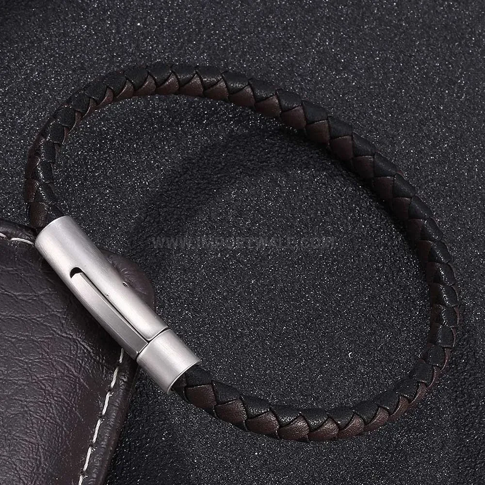 Two-Tone Braided Leather Cord Bracelet with Steel Buckle