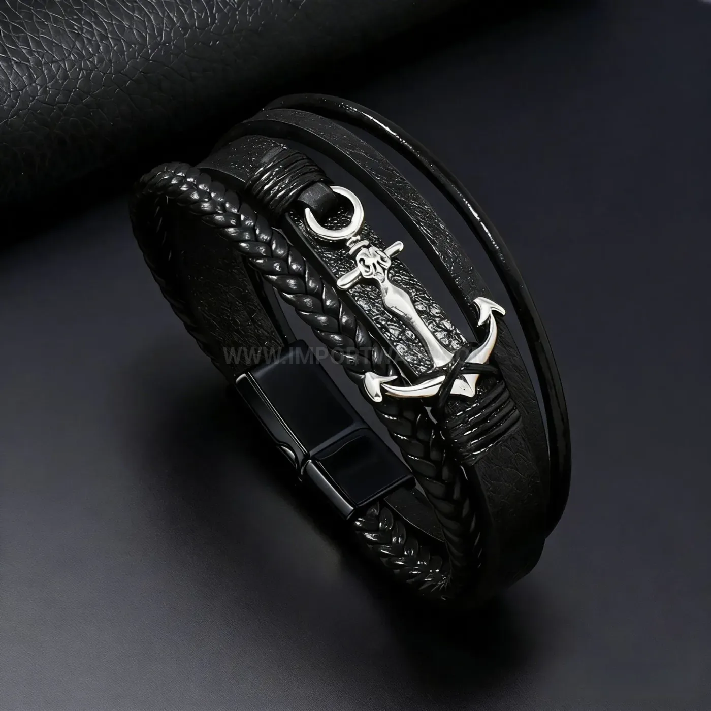 Designer Multi Strand Leather Anchor Bracelet with Automatic Magnetic Clasp