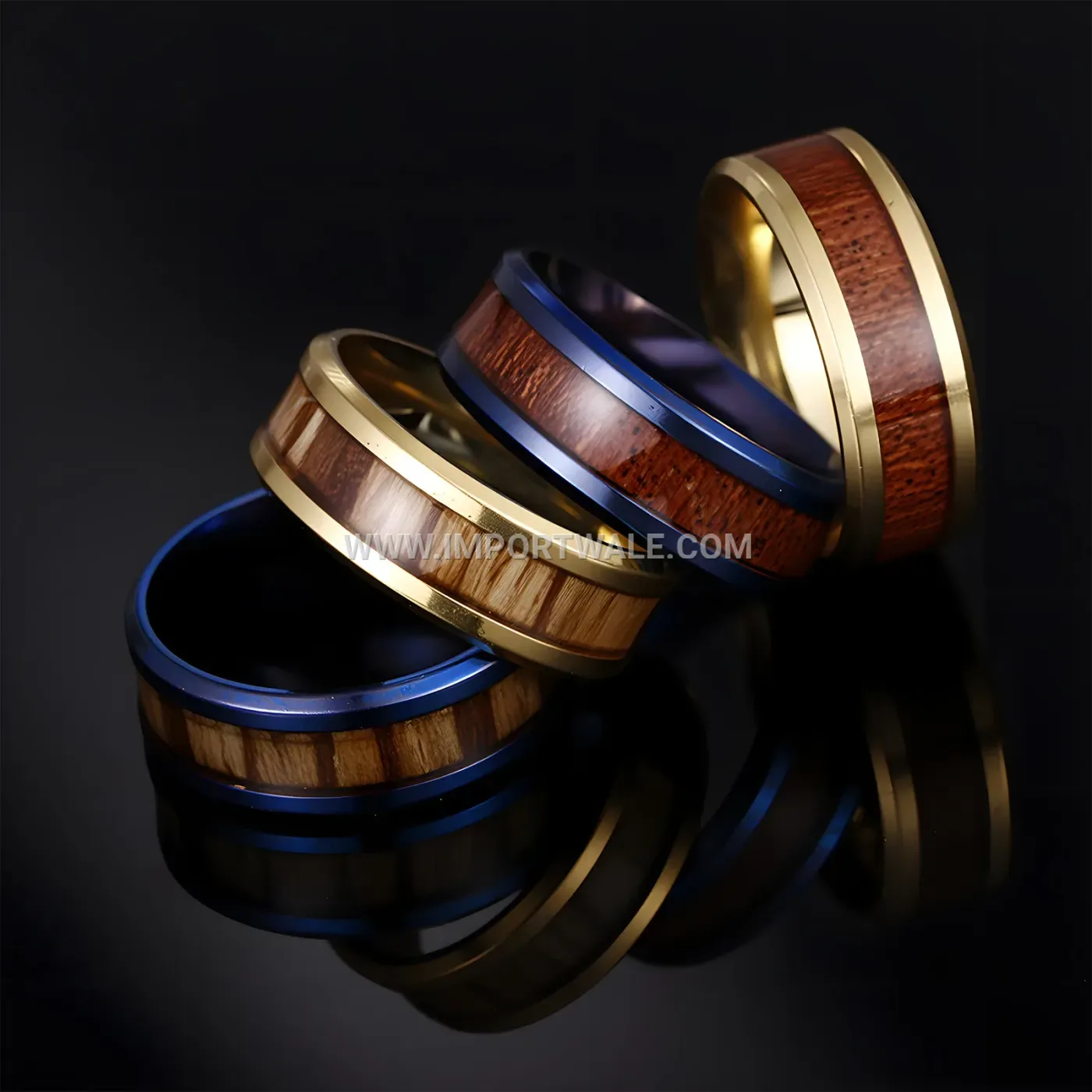 Wood Inlay Stainless Steel Band Ring for Couples