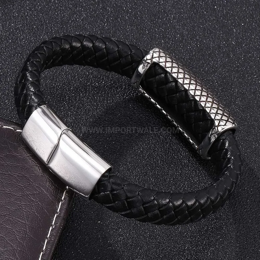 Vintage Punk Style Black Leather Bracelet with Stainless Steel Magnetic Clasp