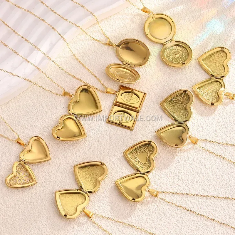Vintage Engraved Stainless Steel Heart Locket Pendant Necklace