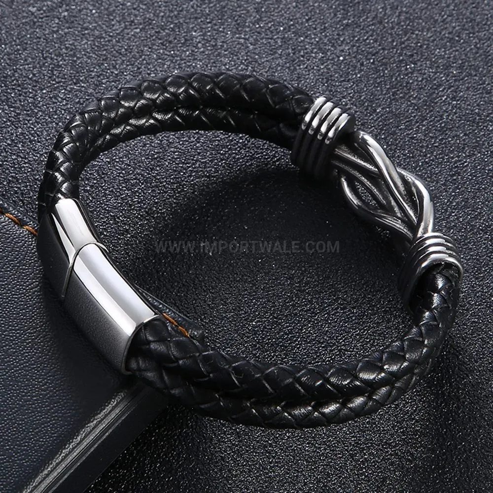 Trendy Double Layered Leather Bracelet with Magnetic Stainless Steel Clasp