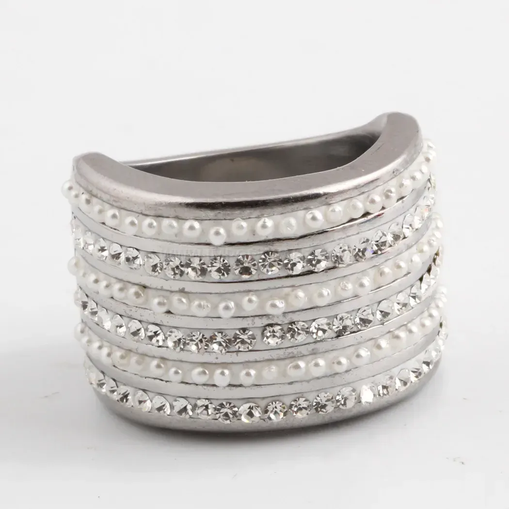 Elegant Pearl and Rhinestone Stainless Steel Accent Ring