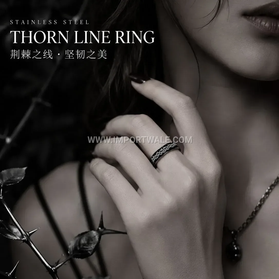 Engraved Thorns Motif Stainless Steel Minimalist Band Ring