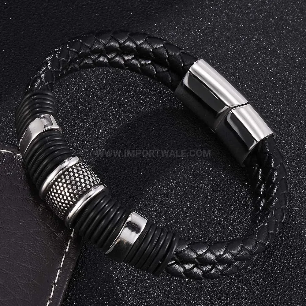Fashion Braided Leather Stainless Steel Magnetic Clasp Geometric Wrap Wristband
