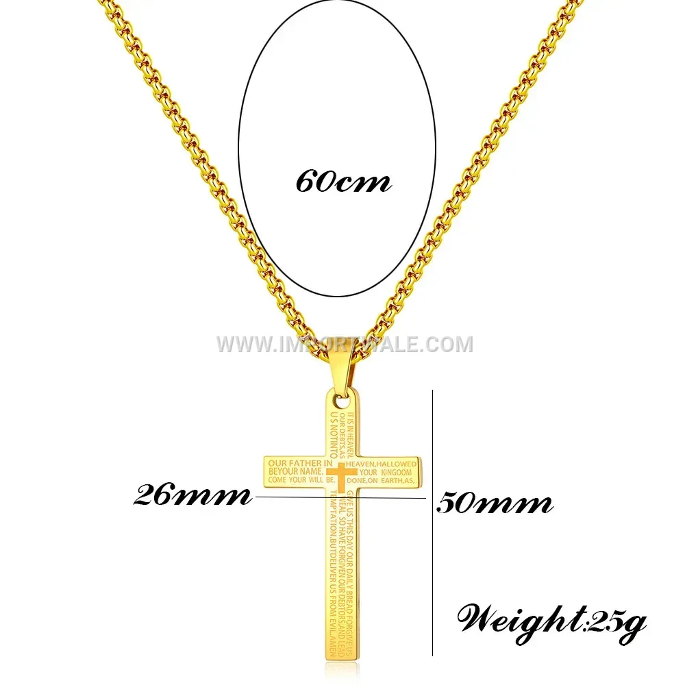 Tri-Color Engraved Cross Stainless Steel Pendant Necklace