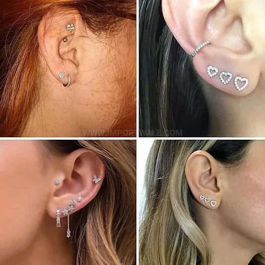 Elegant Stainless Steel Heart Floral Rhinestone Ear Cartilage Piercing Studs