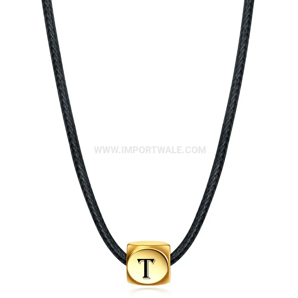 Stainless Steel Cube Initial Pendant Leather Cord Necklace