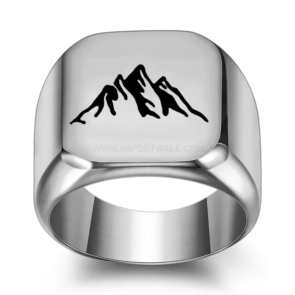 Bold Laser Engraved Mountain Peak Stainless Steel Square Signet Ring