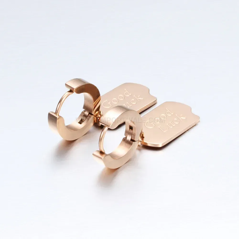 Elegant Minimalist Good Luck Engraved Rose Gold Stainless Steel Earrings