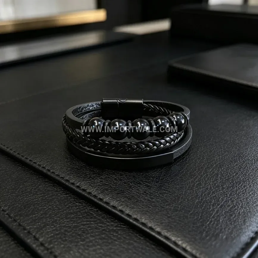 Men's Braided Leather Bracelet with Black Beads and Magnetic Clasp