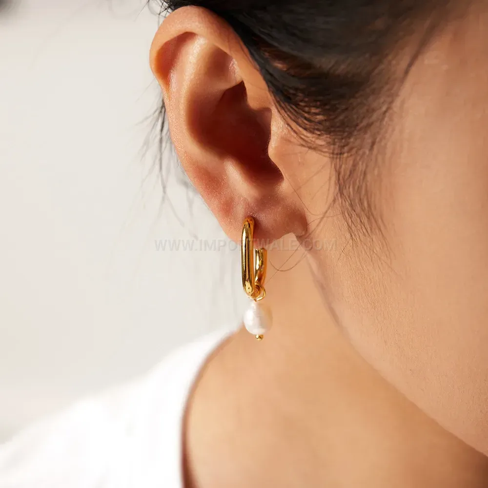 Designer Minimalist Imitation Pearl Titanium Steel Hoop Earrings