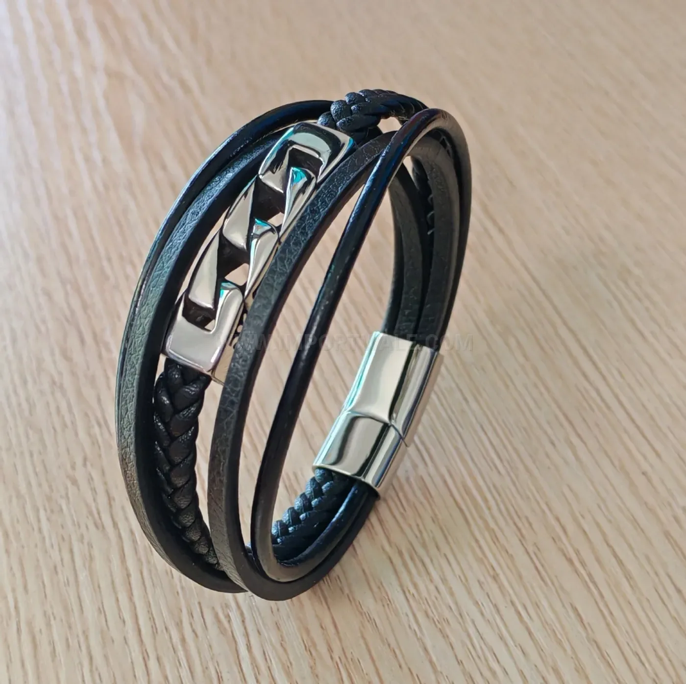 Braided Leather Multi-Layer Stainless Steel Punk Bracelet for Men
