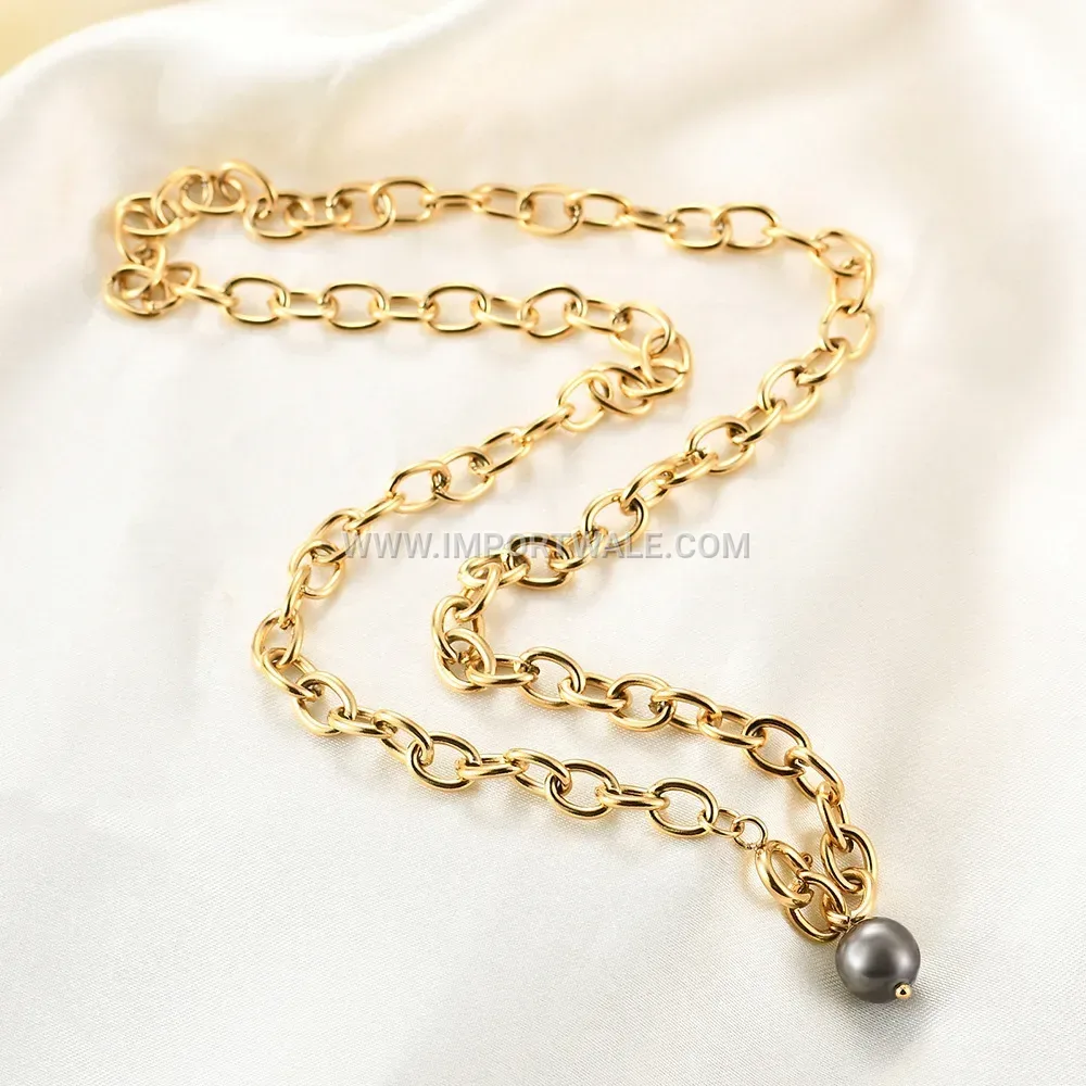 Vintage Black Pearl Pendant Stainless Steel Chain Necklace