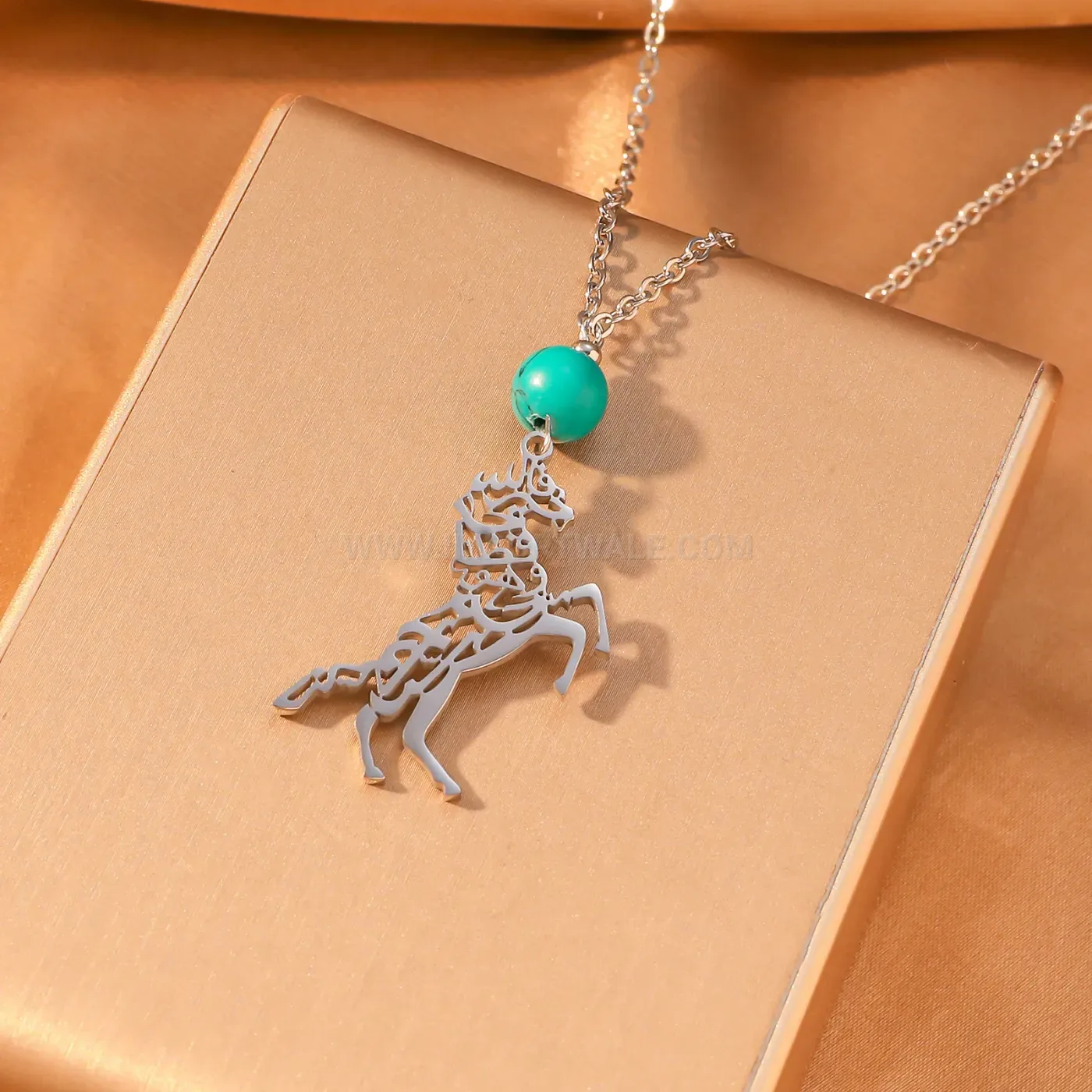 Stainless Steel Horse Calligraphy Pendant Necklace with Turquoise Bead