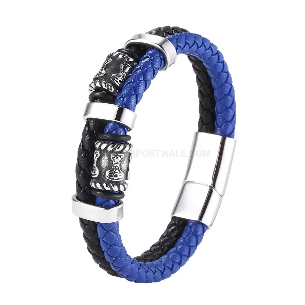 Handcrafted Two-Tone Leather Stainless Steel Beaded Wristband