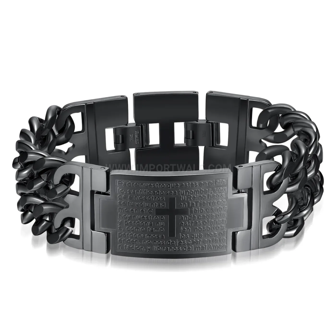 Elegant Double Row Stainless Steel Curved Plate Cross Chain Bracelet for Men