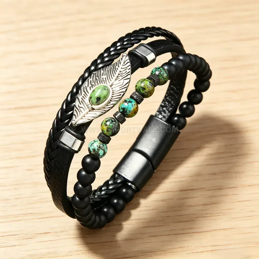 Fashion Feather Turquoise Inlaid PU Leather Bracelet with Magnetic Clasp