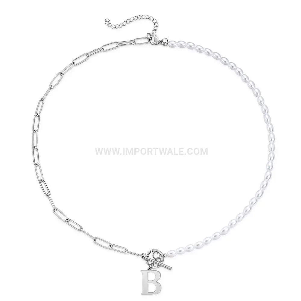 Stainless Steel Initial Letter Pearl Paperclip OT Toggle Clasp Necklace