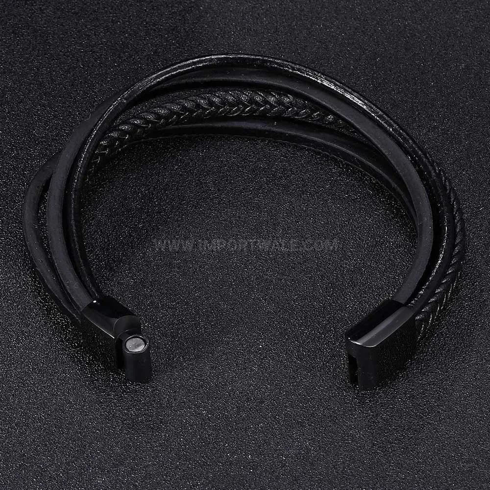 Multi Layer Braided Leather Stainless Steel Men Bracelet