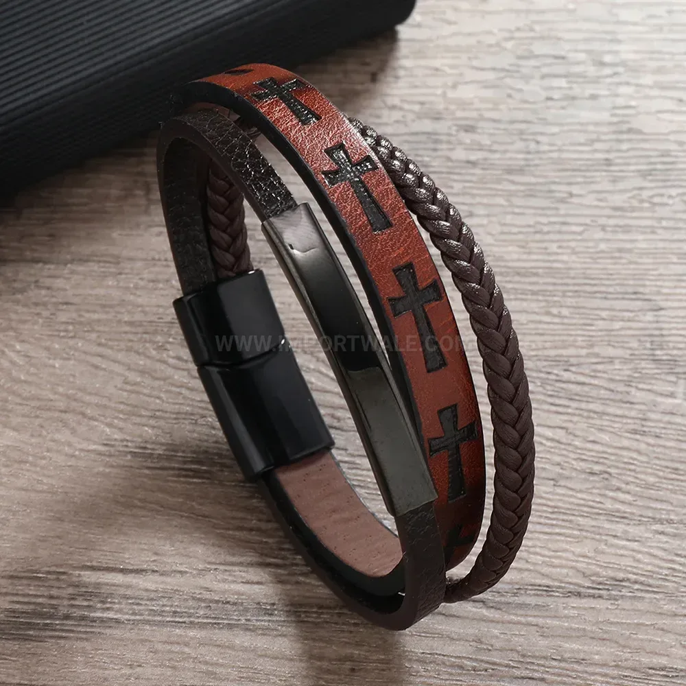 Fashion Retro Textured Double Strand Braided Leather Wristband For Men