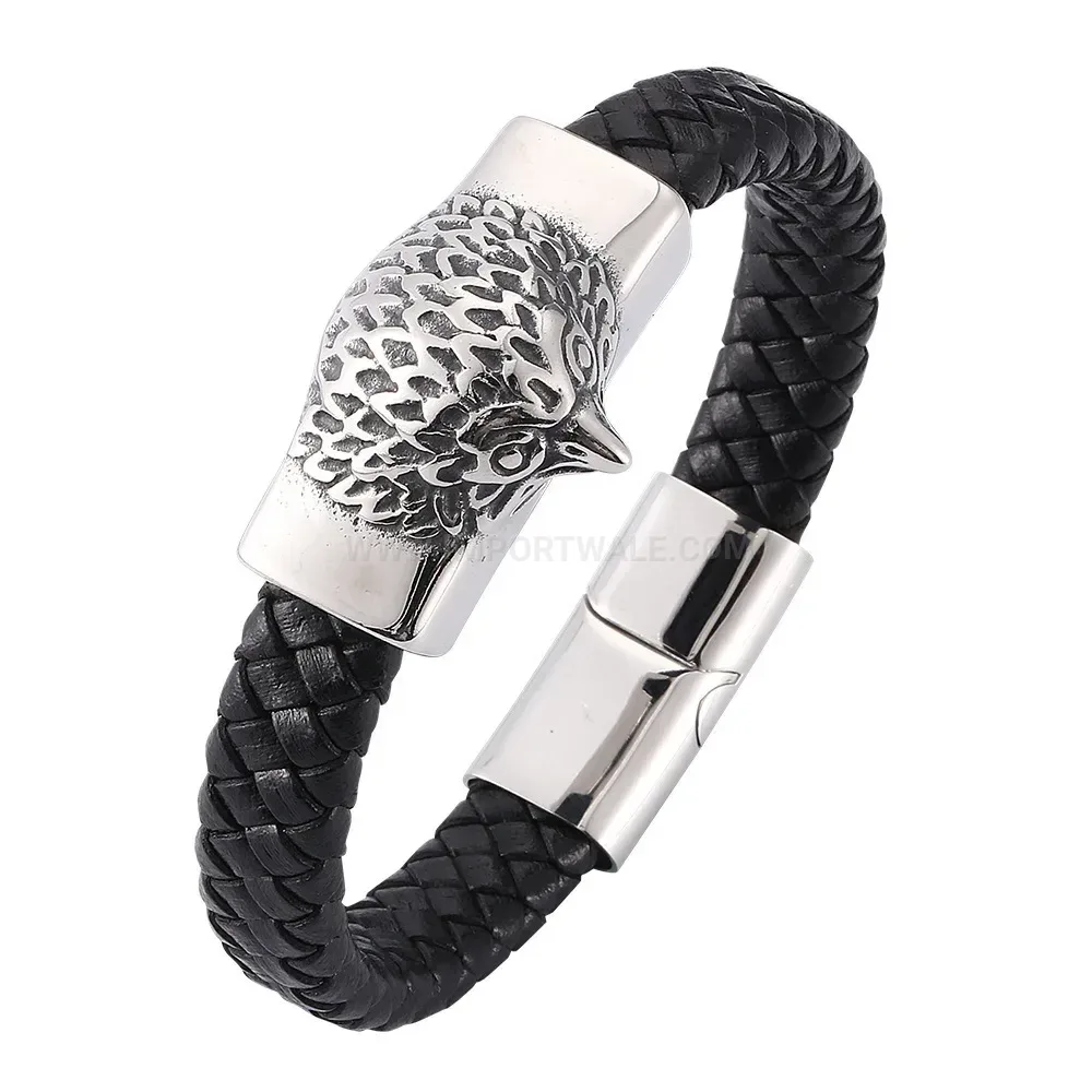 Eagle Head Woven Leather Stainless Steel Bangle Bracelet