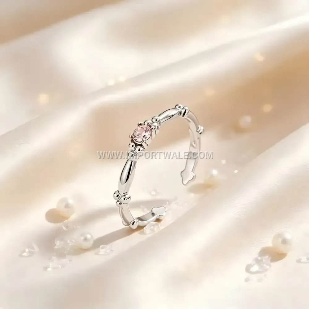 Geometric Bamboo Accent Zircon Stainless Steel Open Ring