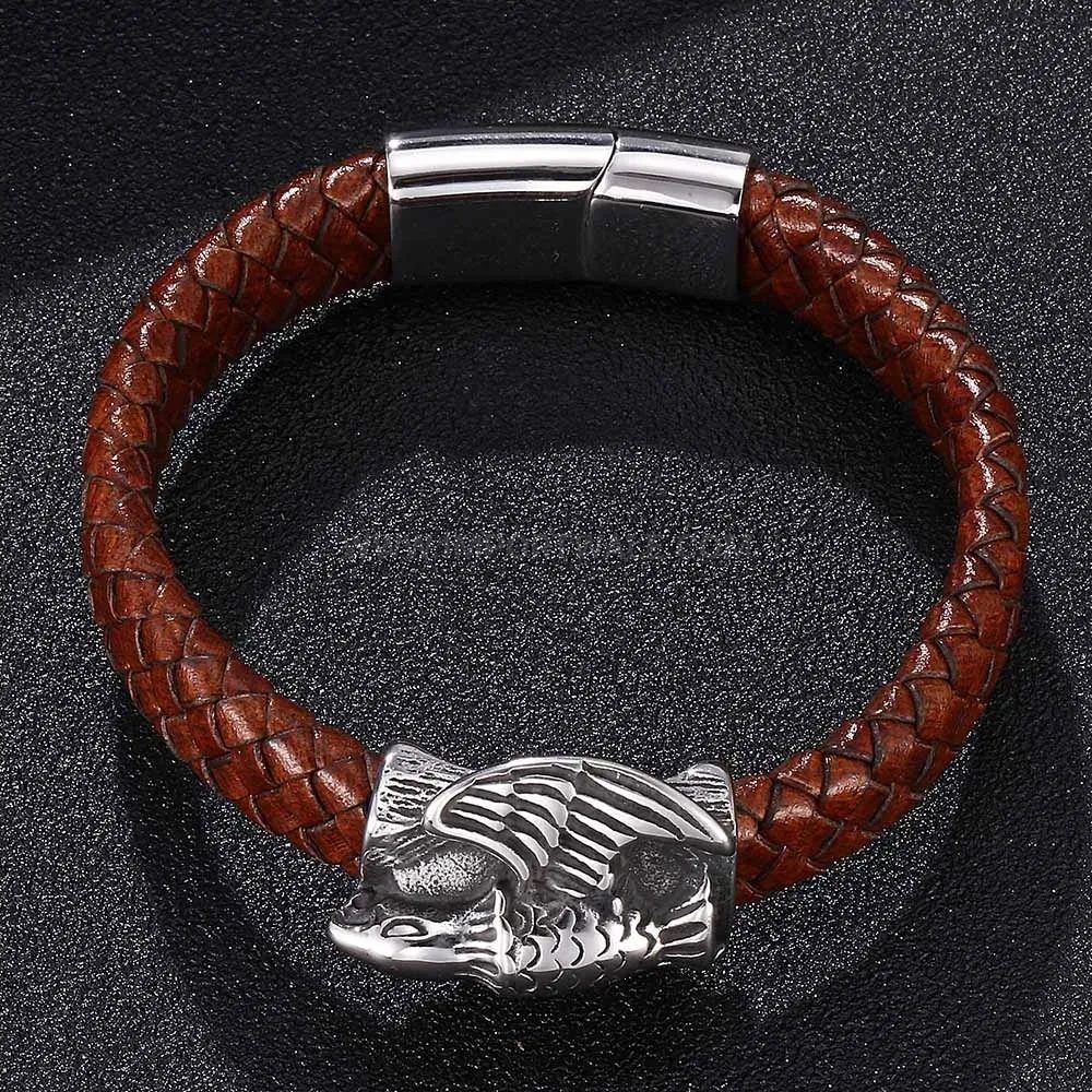Stylish Braided Brown Leather Wristband with Stainless Steel Magnetic Lock
