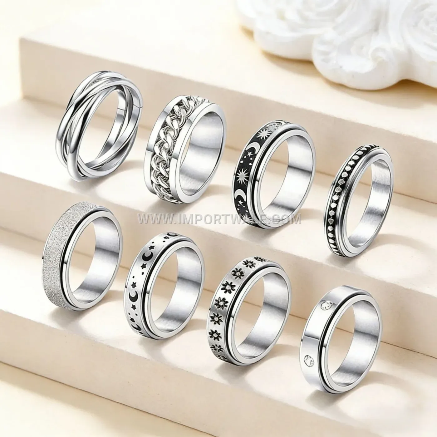 Stainless Steel Rotating Geometric Spinner Ring Set