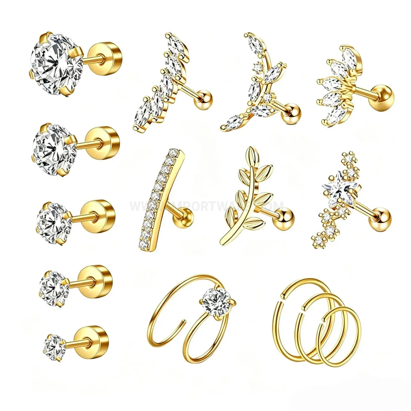 Elegant Rhinestone Flat Back Stainless Steel Screw Stud and Hoop Piercing Set