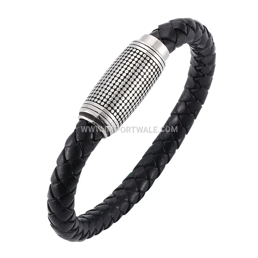 Classic Smooth Leather Wristband with Electroplated Steel Magnetic Closure