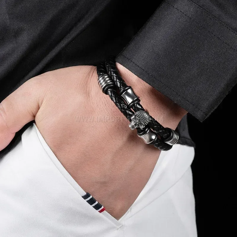 Stylish Dual-Strand Leather Skull Bracelet with Stainless Steel Accents