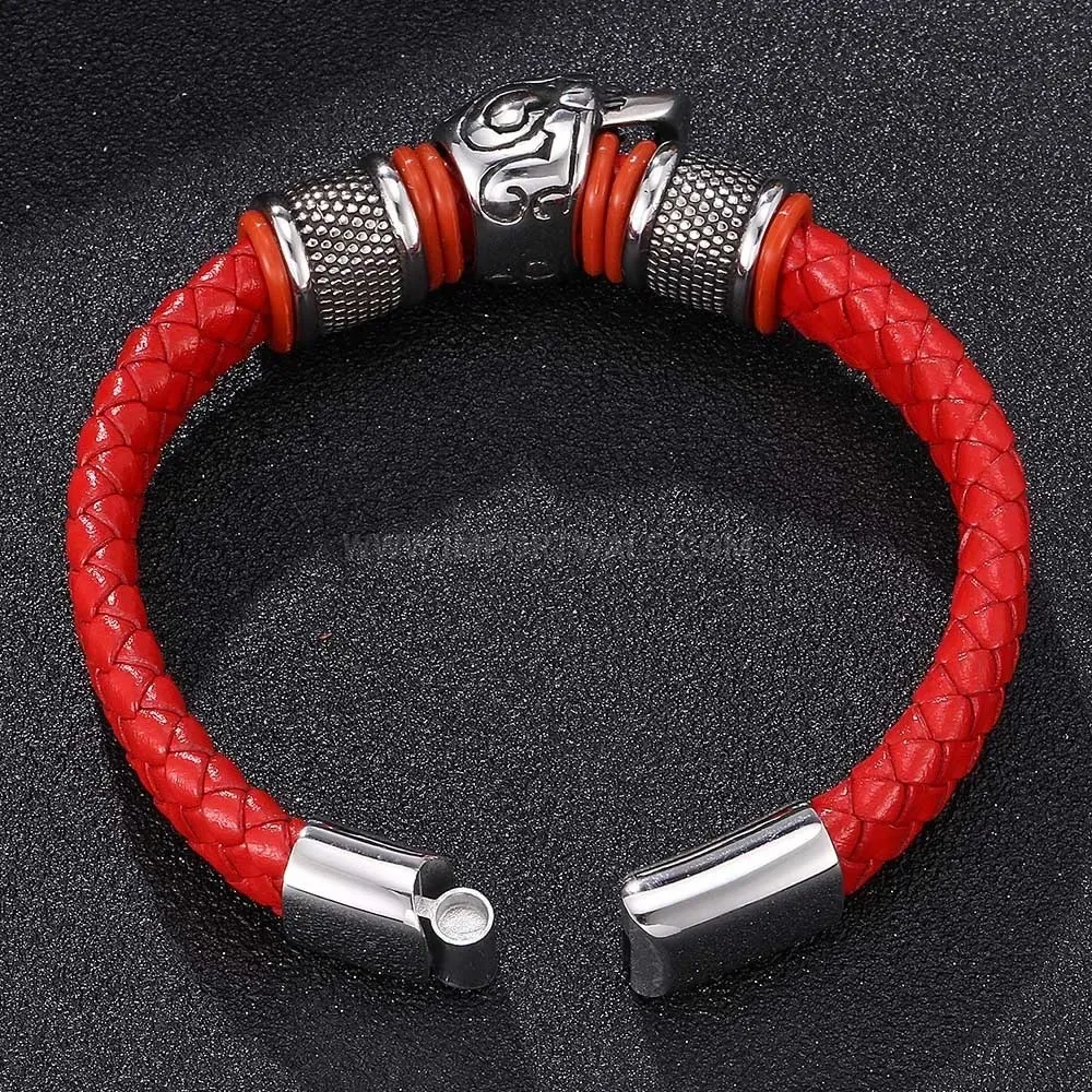 Stylish Braided Cowhide Leather Skull Stainless Steel Bangle Bracelet