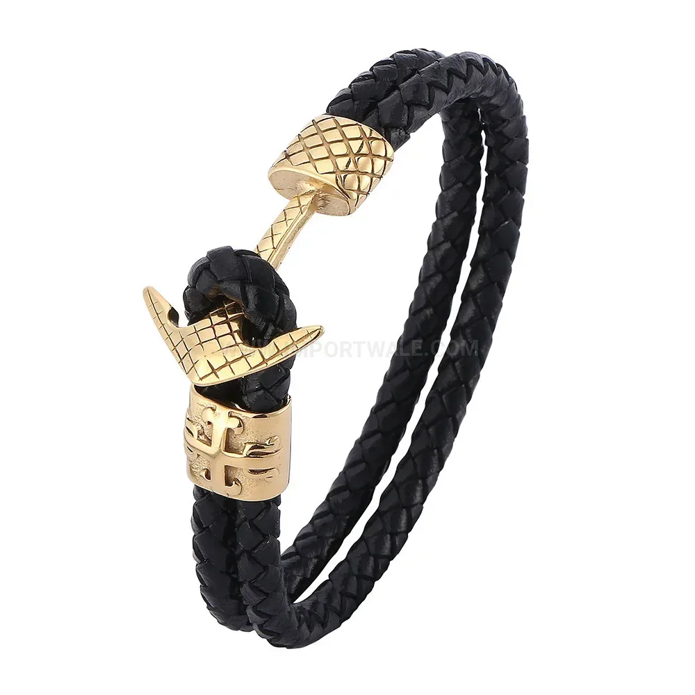 Braided Leather Wristband with Stainless Steel Anchor Clasp