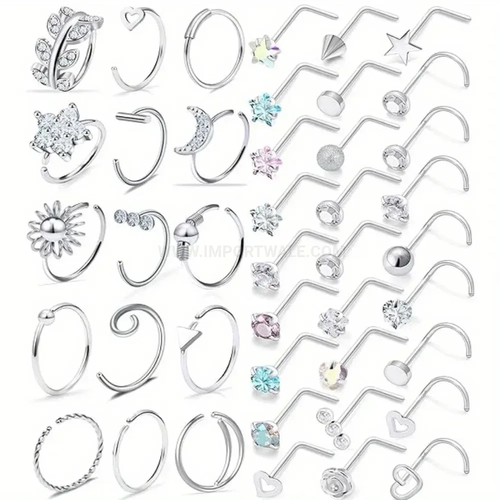 Bold Delicate Gemmed L-Shaped Stainless Steel Nose Stud Set