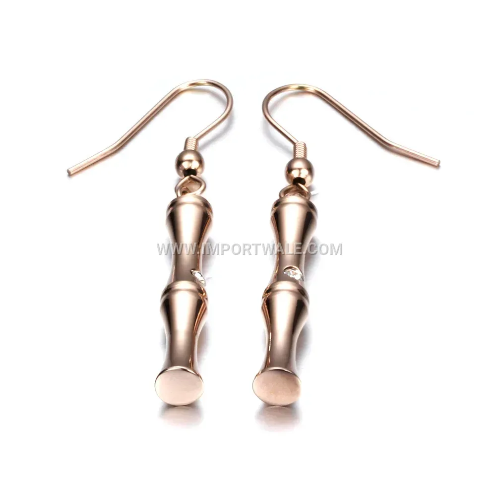 Rose Gold Stainless Steel Bamboo Motif Crystal Stud Earrings