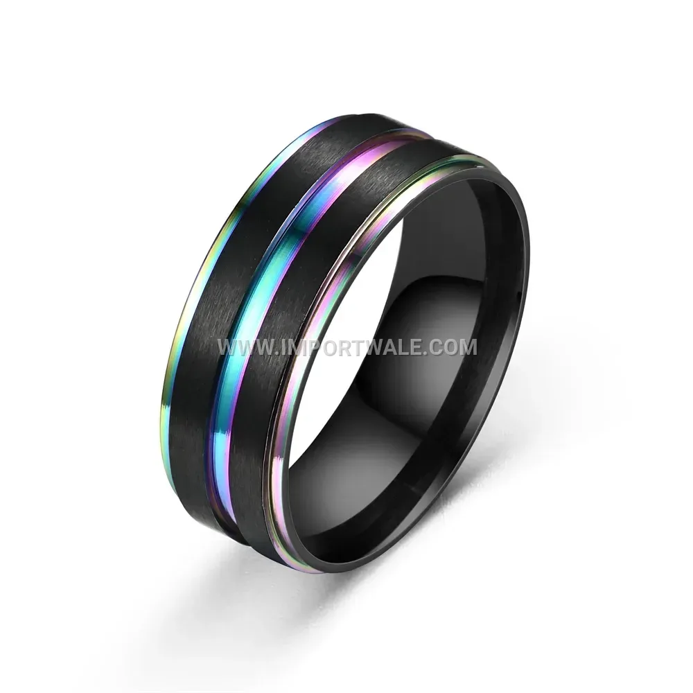 Two-Tone Black and Rainbow Stainless Steel Ring