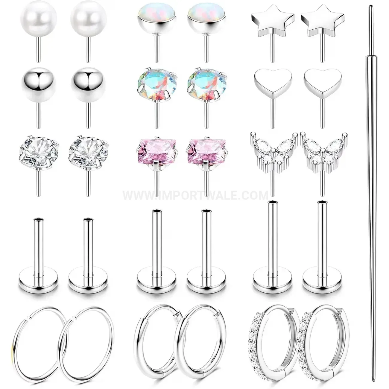 Stylish Flat Back Rhinestone Stainless Steel Piercing Stud Earring Set