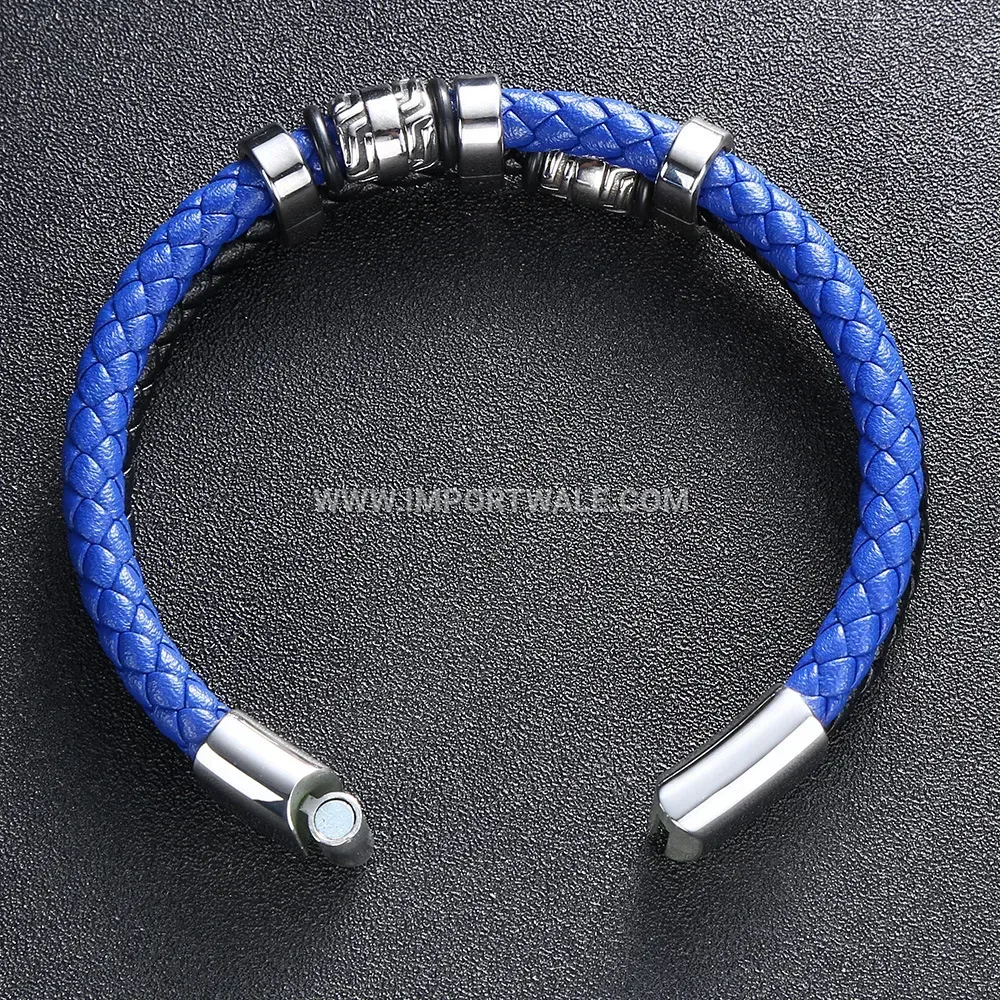 Two-Tone Woven Leather Bracelet with Stainless Steel Magnetic Clasp
