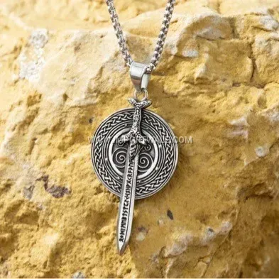Vintage Viking Sword and Shield Stainless Steel Pendant